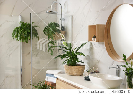 Green plants in elegant modern bathroom. Interior design 143600568