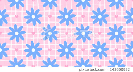 Gingham heart kawaii with flower seamless pattern and vector daisy girly. Cute design coquette with simple floral checkered and bg blossom wallpaper. Stripe girl texture with kids print cover. Gingham heart kawaii with flower seamless pattern and vector daisy girly. Cute design coquette with simple floral checkered and bg blossom wallpaper. Stripe girl texture with kids print cover. 143600952