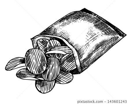 bag of potato chips. Vector illustration in a sketch style. bag of potato chips. Vector illustration in a sketch style. 143601243