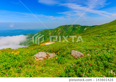 From near the summit of Ubagatake on Mount Gassan in summer, you can see the gentle slopes of the mountain, the vast sea of clouds stretching out beyond, and the distant view of Mount Chokai. From near the summit of Ubagatake on Mount Gassan in summer, you can see the gentle slopes of the mountain, the vast sea of clouds stretching out beyond, and the distant view of Mount Chokai. 143601428