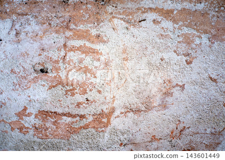 Weathered concrete wall with rust stains and peeling layers Weathered concrete wall with rust stains and peeling layers 143601449