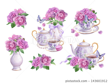 Watercolor clipart set of pink peonies, floral teaware, butterflies, pearls and ribbons for romantic invitations, greeting cards, tea party decor and stationery Watercolor clipart set of pink peonies, floral teaware, butterflies, pearls and ribbons for romantic invitations, greeting cards, tea party decor and stationery 143601912