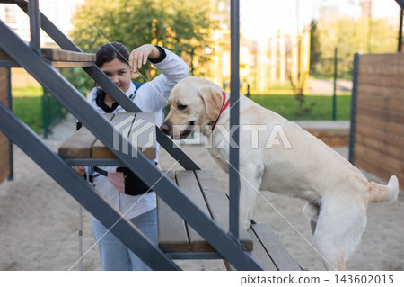 A blind woman trains with her guide dog at a dog park. A blind woman trains with her guide dog at a dog park. 143602015