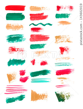 Set of hand painted red green and peach brush strokes isolated on white background. 143602019