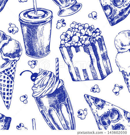 Retro movie food pattern. Vector sketch illustration. Retro movie food pattern. Vector sketch illustration. 143602030