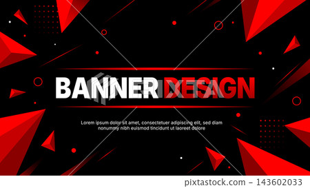 Modern banner design with red geometric shards, black background, bold typography, sharp triangles, circles, dotted accents, and dynamic abstract vector styling. Modern banner design with red geometric shards, black background, bold typography, sharp triangles, circles, dotted accents, and dynamic abstract vector styling. 143602033