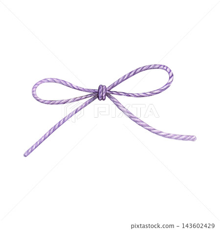 Purple twisted cord bow. Hand-painted watercolor illustration with a natural textured finish. Ideal for rustic designs, gift packaging, nautical themes, wedding invitations and decorative elements Purple twisted cord bow. Hand-painted watercolor illustration with a natural textured finish. Ideal for rustic designs, gift packaging, nautical themes, wedding invitations and decorative elements 143602429