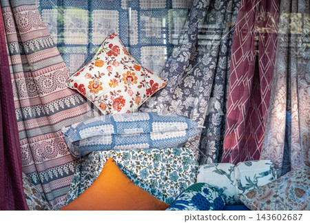 Cotton fabrics natural multicolored fabrics with various patterns on the display Cotton fabrics natural multicolored fabrics with various patterns on the display 143602687