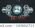 Innovative SMART Parking Management System with Digital Interface and Technology Icons for Efficient Urban Mobility Solutions 143602713