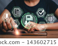Futuristic AI Meeting Interface with Digital Icons and Holographic Elements for Business Collaboration 143602715