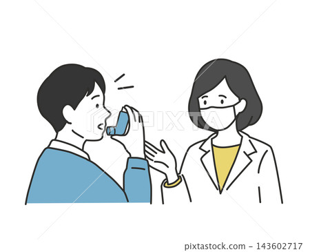 A male patient practices using an inhaler under the guidance of a female pharmacist at a dispensing pharmacy. A male patient practices using an inhaler under the guidance of a female pharmacist at a dispensing pharmacy. 143602717