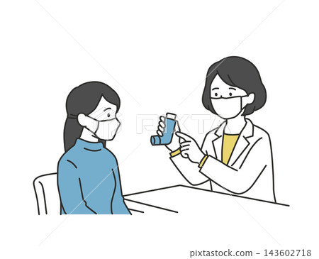 A pharmacist instructs a female patient on how to use an inhaler at the pharmacy counter. A pharmacist instructs a female patient on how to use an inhaler at the pharmacy counter. 143602718