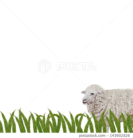 [Sheep and Grassland Frame] Hand-embroidered illustration material 143602826