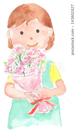 A watercolor illustration of a mother holding a bouquet of flowers she received as a gift. A watercolor illustration of a mother holding a bouquet of flowers she received as a gift. 143602827