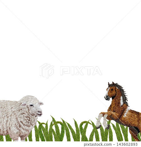 [Sheep, Horse, and Grassland Frame] Hand-embroidered illustration material 143602893