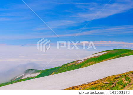 A panoramic view from the summer hiking trail on Mt. Gassan, capturing the mountain range of Mt. Ubagatake and Mt. Oasahi faintly visible beyond a vast sea of clouds. A panoramic view from the summer hiking trail on Mt. Gassan, capturing the mountain range of Mt. Ubagatake and Mt. Oasahi faintly visible beyond a vast sea of clouds. 143603173