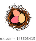 Bird nest with eggs. Easter hand drawn vector illustration, template design 143603415
