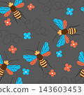 Seamless pattern with bees and flowers. Small wasp. Vector illustration. Design for invitation, cards, textile, fabric. Doodle style 143603453
