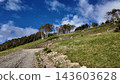A dirt road leading to a sky-high pond with vast blue skies and grasslands - Ooshika Village, Shimoina District, Nagano Prefecture, Japan 143603628