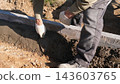 Gloved worker uses trowel to smooth wet concrete mortar along low foundation wall beside soil trench, creating neat edge for new house construction in strong daylight, focused on precise masonry work. 143603765