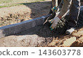 Worker spreads wet concrete along curb edge with trowel during outdoor construction, shaping fresh mortar beside dirt ground in bright daylight on residential site with close view. 143603778