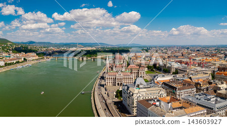 Aerial Panorama of the Hungarian Parliament Building on the Danube in Budapest 143603927