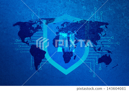 AI cybersecurity shield over a textured blue world map, protecting global communication networks and data with secure digital defense and futuristic technology connections AI cybersecurity shield over a textured blue world map, protecting global communication networks and data with secure digital defense and futuristic technology connections 143604081