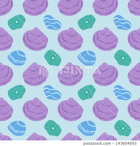 Seashells seamless pattern vector illustration. Purple scallop shells, blue sea stones and teal pebbles on light blue background. Calm nautical repeat tile design for summer textile, fabric, wrapping 143604093