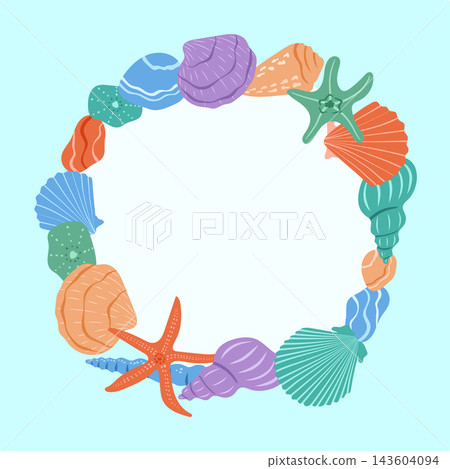 Seashells vector frame illustration. Colorful underwater round border design with scallop, clam, spiral shells, starfish on blue background. Marine summer decorative template for invitation, banner Seashells vector frame illustration. Colorful underwater round border design with scallop, clam, spiral shells, starfish on blue background. Marine summer decorative template for invitation, banner 143604094