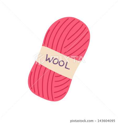 Wool yarn skein vector illustration. Cozy vibrant pink yarn ball with label isolated on white background. Hobby supply in flat style for knitting, crochet, handicraft, needlework 143604095