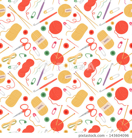 Knitting tools and supplies seamless pattern vector illustration. Cute bright wool yarn balls, embroidery scissors, knitting needles, crochet hooks on light background. Crafting hobby repeat tile Knitting tools and supplies seamless pattern vector illustration. Cute bright wool yarn balls, embroidery scissors, knitting needles, crochet hooks on light background. Crafting hobby repeat tile 143604096
