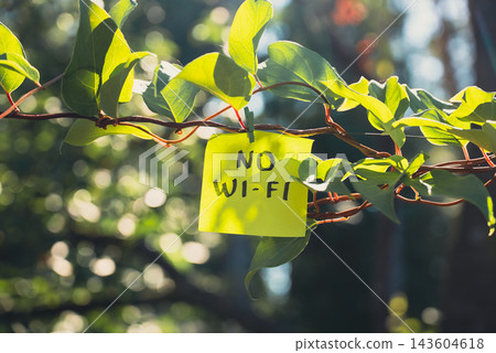 Paper note with NO WI-FI message against green leafy background. Suitable for digital detox, screen-free lifestyle technology break mindfulness. Paper note with NO WI-FI message against green leafy background. Suitable for digital detox, screen-free lifestyle technology break mindfulness. 143604618