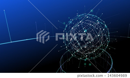 An illustration of digital spherical data representing a network structure. 143604989