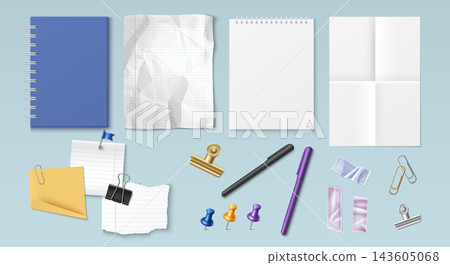 Notebook sheets with torn edges, tapes and clips. Notebook sheets with torn edges, tapes and clips. 143605068