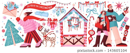Cute Christmas market xmas illustration set Cute Christmas market xmas illustration set 143605104