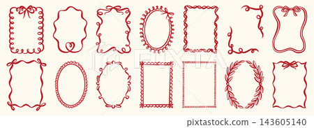 Hand-drawn vintage frames with wavy lines and bows Hand-drawn vintage frames with wavy lines and bows 143605140