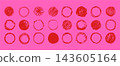 Round red crayon spots on bright pink bg 143605164