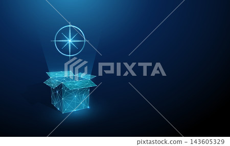 3D blue compass coming out of a box. Navigation, direction, guidance, journey, exploration, adventure travel, orientation, route, destination, discovery concept 3D blue compass coming out of a box. Navigation, direction, guidance, journey, exploration, adventure travel, orientation, route, destination, discovery concept 143605329