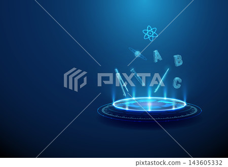 3D blue podium with science and education symbols. Physics, chemistry, astronomy, mathematics, geometry, artificial intelligence, alphabet letters, learning concept 3D blue podium with science and education symbols. Physics, chemistry, astronomy, mathematics, geometry, artificial intelligence, alphabet letters, learning concept 143605332