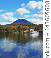 Under the blue sky of Kushiro, Hokkaido, the mountains and the autumn scenery of the lake are beautifully reflected on the water's surface. 143605608