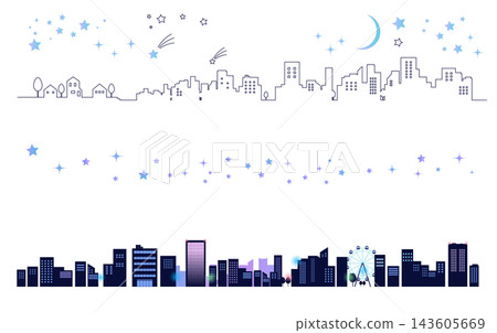 A set of illustrations depicting a cityscape at night with falling stars. Includes background illustrations, cityscapes, and header images. A set of illustrations depicting a cityscape at night with falling stars. Includes background illustrations, cityscapes, and header images. 143605669