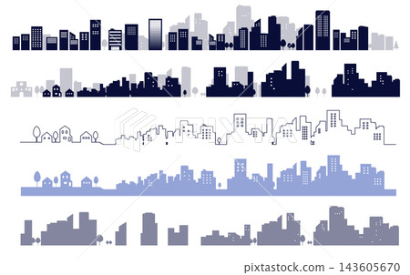 A set of line drawings and silhouette illustrations of simple cityscapes - background illustrations, line drawings A set of line drawings and silhouette illustrations of simple cityscapes - background illustrations, line drawings 143605670