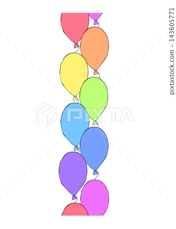 Balloons birthday seamless border vertical colored hand drawn illustration. Vector graphic line ink art. Party element, festive decoration, celebration symbol, holiday accessory, entertainment Balloons birthday seamless border vertical colored hand drawn illustration. Vector graphic line ink art. Party element, festive decoration, celebration symbol, holiday accessory, entertainment 143605771