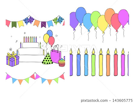 birthday seamless border set horizontal colored hand drawn illustration. Vector graphic line ink art. for birthday, holiday, kids celebration, invitation card, decoration or event design. birthday seamless border set horizontal colored hand drawn illustration. Vector graphic line ink art. for birthday, holiday, kids celebration, invitation card, decoration or event design. 143605775
