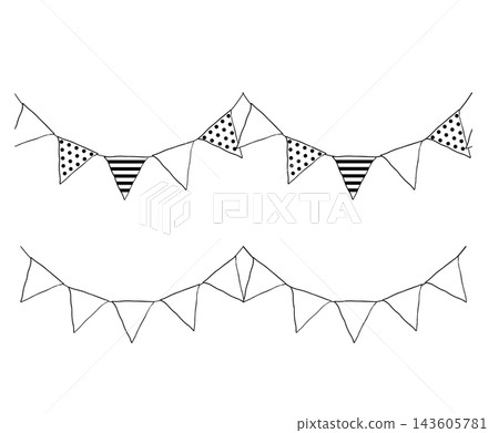 Festive flag garland. birthday seamless border horizontal Black and white hand drawn illustration. Vector graphic line ink art. Carnival park with flags. Birthday, circus border decoration. textile Festive flag garland. birthday seamless border horizontal Black and white hand drawn illustration. Vector graphic line ink art. Carnival park with flags. Birthday, circus border decoration. textile 143605781