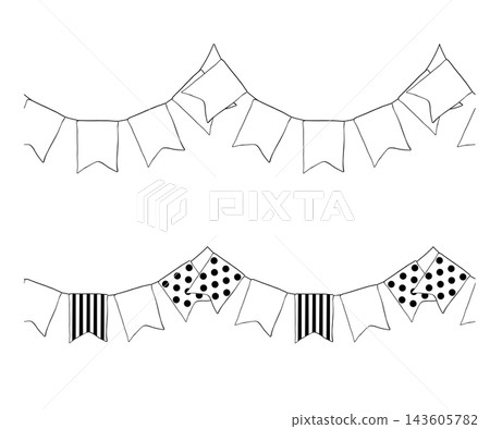 flag garland birthday seamless border horizontal Black and white hand drawn illustration. Vector graphic line ink art. Party element, festive decoration, celebration holiday accessory, entertainment flag garland birthday seamless border horizontal Black and white hand drawn illustration. Vector graphic line ink art. Party element, festive decoration, celebration holiday accessory, entertainment 143605782