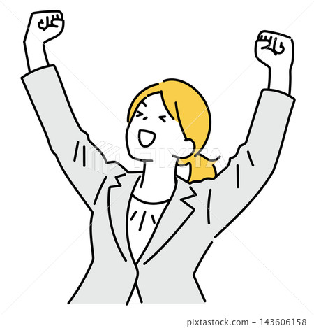 An illustration of a female office worker making a victory pose with both hands. An illustration of a female office worker making a victory pose with both hands. 143606158