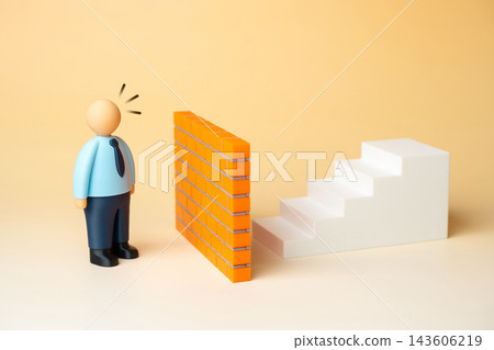 Solid brick wall blocking office worker from starting a career or personal growth, mental barrier concept. Workplace obstacles and psychological barriers can limit career advancement Solid brick wall blocking office worker from starting a career or personal growth, mental barrier concept. Workplace obstacles and psychological barriers can limit career advancement 143606219