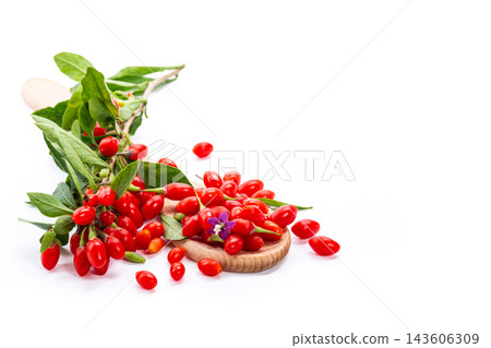 Ripe red goji berries and branches on white background Ripe red goji berries and branches on white background 143606309