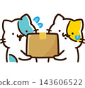 A stylized illustration of cute cats helping each other carry a heavy load. 143606522